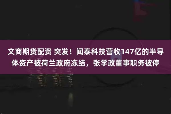 文商期货配资 突发！闻泰科技营收147亿的半导体资产被荷兰政府冻结，张学政董事职务被停